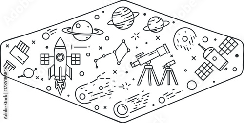 Line art vector illustration of space exploration featuring rockets, planets, telescopes, and celestial bodies for educational and design projects