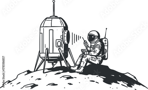 Monochrome vector illustration of an astronaut sitting next to a lunar lander on the moon, ideal for space exploration themes