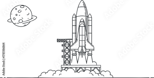Outline vector illustration of a rocket launching with clouds and a planet in the background for space exploration projects
