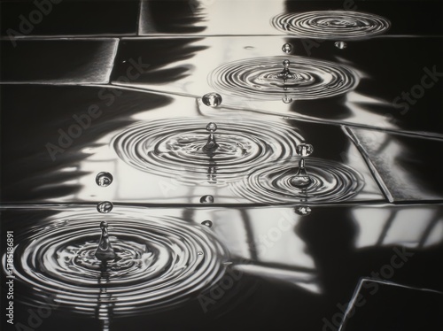 Capturing the dance of raindrops on a wet cement floor illuminated by dark clouds above