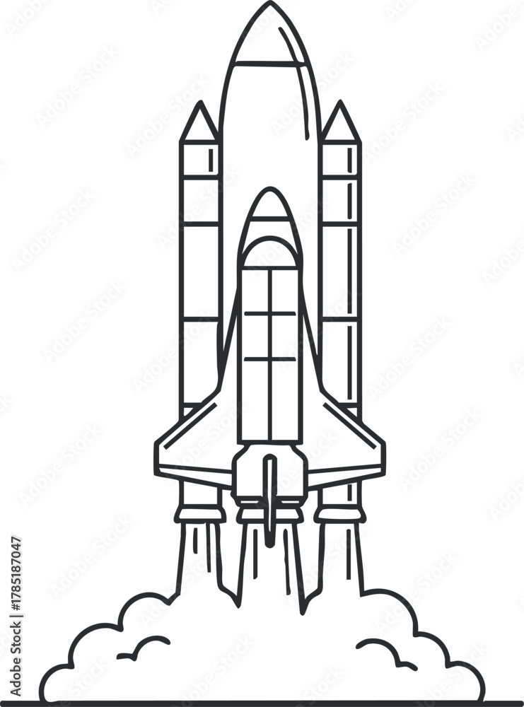 Obraz premium Outline vector illustration of a rocket launching with smoke and fire, ideal for technology and space exploration themes