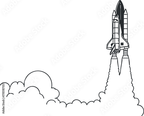 Minimalist black and white vector illustration of a rocket launching with smoke for space exploration and technology themes