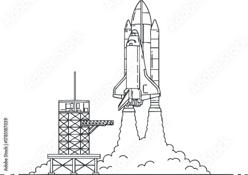 Outline vector illustration of a rocket launching from a launchpad, perfect for space exploration themes and educational projects