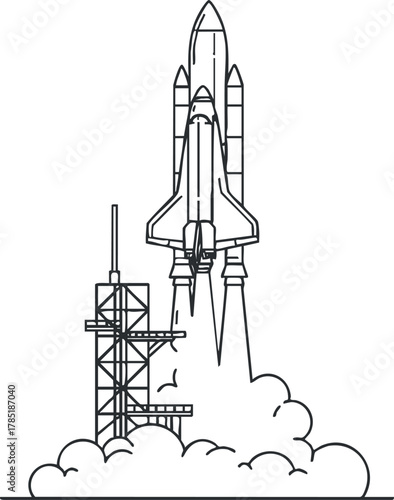 Outline vector illustration of a rocket launching from a launchpad, ideal for technology and space exploration themes