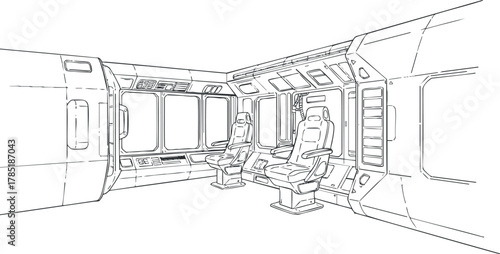 Linear vector illustration of a futuristic spaceship interior featuring seating and control panels for design and concept exploration