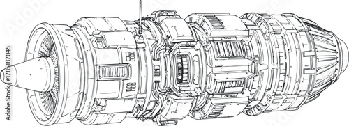 Detailed vector illustration of a futuristic jet engine design, ideal for aerospace technology concepts and engineering projects