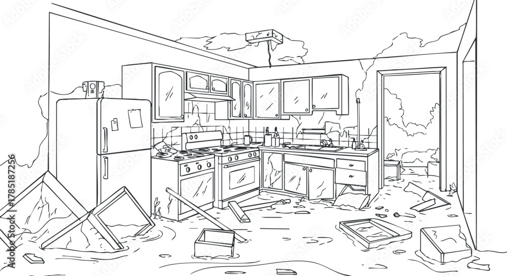 Obraz premium Outline vector illustration of a cluttered kitchen interior with disarrayed furniture and scattered items, ideal for home renovation concepts.