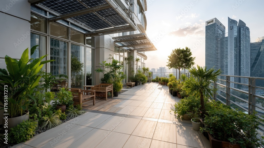 Naklejka premium Modern urban balcony garden with cityscape views and abundant greenery at sunset