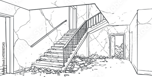 Outline vector illustration of a dilapidated interior featuring a broken staircase and scattered debris for architectural design and art projects