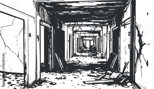 Monochrome vector illustration of an abandoned hallway with cracked walls and debris, ideal for urban decay themes and design projects