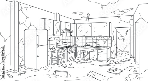 Line art illustration of a damaged kitchen interior, showcasing broken appliances and debris for renovation concepts.