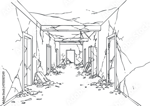 Line art illustration of a dilapidated corridor with cracked walls and scattered debris, ideal for design and concept projects