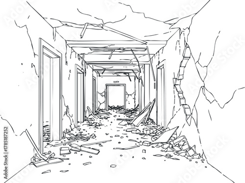 Line art illustration of a dilapidated hallway with crumbling walls and debris, ideal for architectural design or disaster themes