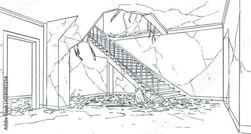 Outline vector illustration of a broken interior space featuring a staircase and damaged walls, ideal for architectural design projects