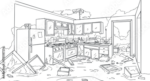Outline vector illustration of a cluttered kitchen interior with disarrayed furniture and scattered items, ideal for home renovation concepts.
