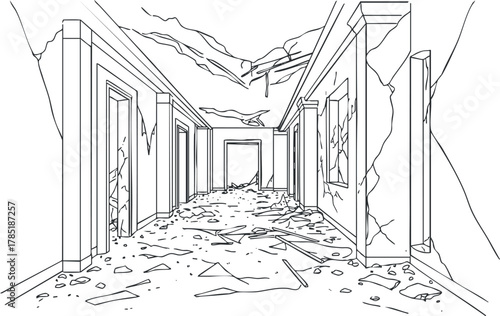 Detailed line art illustration of an abandoned hallway with cracked walls and scattered debris, ideal for horror-themed design projects.