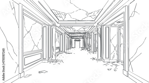 Detailed line art illustration of an abandoned hallway featuring crumbling walls and a damaged ceiling, ideal for architectural concepts and design projects
