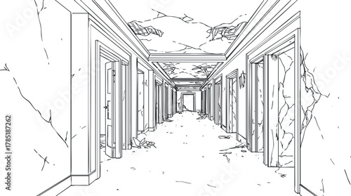 Detailed line art illustration of a dilapidated hallway with cracked walls and debris, ideal for architectural design projects.