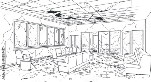 Outline illustration of a dilapidated interior space showcasing destruction and chaos, ideal for architectural and design projects