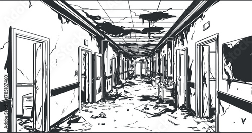 Detailed vector illustration of an abandoned, dilapidated hallway with empty doors and a distressed environment, ideal for horror themes or urban exploration projects