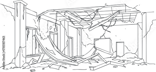Detailed line art illustration of a dilapidated interior space, showcasing structural collapse and debris for design projects.