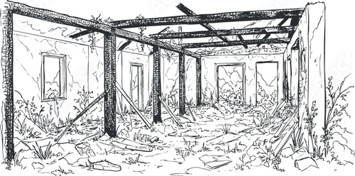 Line art illustration of an abandoned interior space showcasing dilapidated walls and overgrown vegetation, ideal for environmental themes.