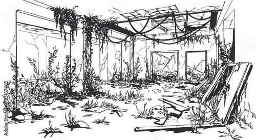 Detailed line art illustration of an abandoned interior space overgrown with plants and vines, ideal for concept art and design projects