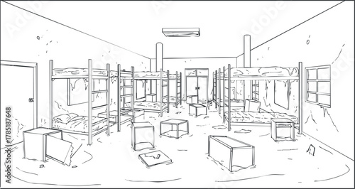 Outline vector illustration of an abandoned dormitory room with bunk beds and scattered furniture for design projects.
