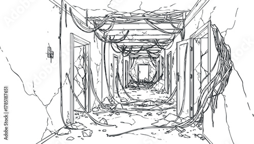 Outline vector illustration of a desolate hallway with tangled cables and debris, ideal for horror-themed designs and urban decay concepts