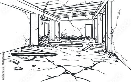 Outline vector illustration of a collapsed interior space featuring cracked walls and debris for architectural design projects