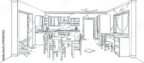 Outline sketch of a damaged kitchen interior featuring broken furniture and walls, ideal for renovation concepts and architectural design.