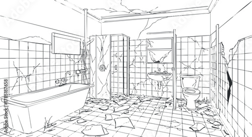 Line art illustration of a dilapidated bathroom featuring broken tiles, a cracked bathtub, and an abandoned sink.