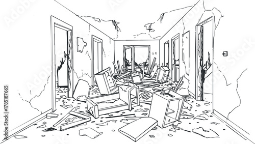 Outline illustration of a damaged interior room filled with debris and scattered furniture, ideal for disaster or renovation themes