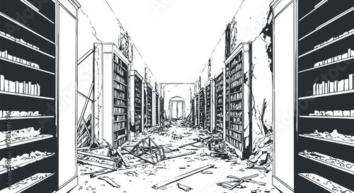 Detailed black and white vector illustration of an abandoned library interior featuring damaged bookshelves and debris.