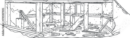 Detailed black and white vector illustration of an abandoned building interior showcasing structural elements and wooden framework