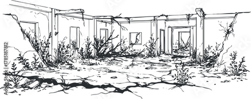 Detailed black and white vector illustration of an abandoned building interior overgrown with plants and nature.