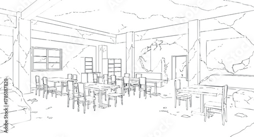 Line art illustration of a spacious restaurant interior featuring tables and chairs, ideal for architectural design and layout concepts