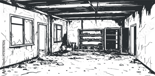 Hand-drawn vector illustration of a dilapidated interior space with debris, shelves, and empty rooms for urban design projects