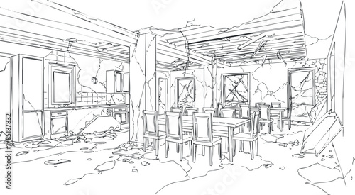 Line art illustration of an abandoned interior space with broken furniture and cracked walls, perfect for architectural concepts