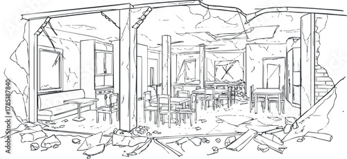 Detailed outline vector illustration of a dilapidated interior space featuring broken furniture and structural damage, suitable for architectural designs and concepts.