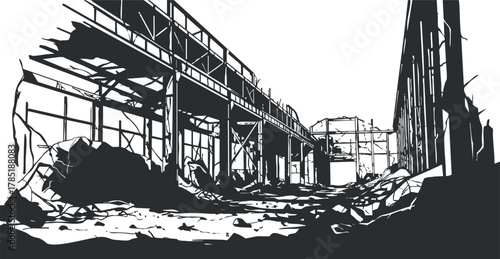 Black and white vector illustration of an abandoned industrial building interior, showcasing ruins and decay for urban exploration themes