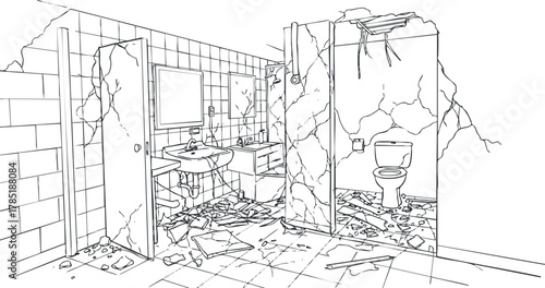 Outline vector illustration of a damaged bathroom interior featuring broken tiles, a sink, and debris for renovation concepts