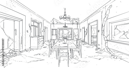Outline vector illustration of a damaged dining room interior featuring broken walls and minimal furniture design