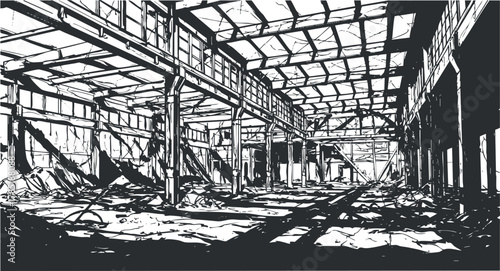 Detailed vector illustration of an abandoned warehouse interior showcasing a minimalist and industrial design style
