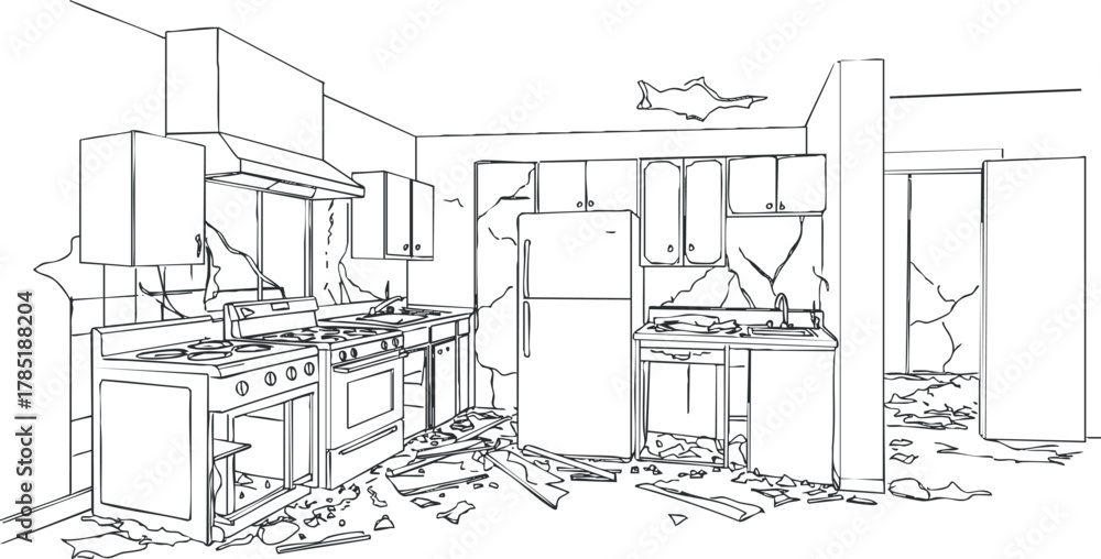 Fototapeta premium Outline vector illustration of a damaged kitchen interior with broken walls and scattered debris for renovation projects