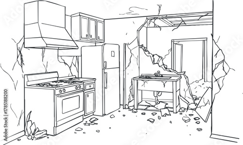 Outline illustration of a damaged kitchen interior featuring broken walls and furniture, ideal for renovation and repair concepts