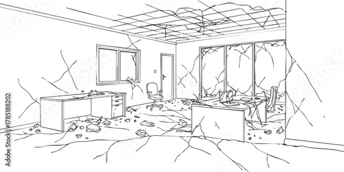 Outline vector illustration of a chaotic office space with broken furniture and debris, ideal for renovation and disaster recovery themes