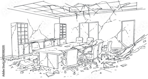 Outline vector illustration of a damaged office space with cracked walls and debris scattered around, ideal for architectural concepts.