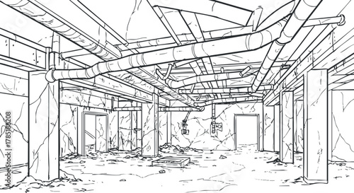Detailed line art illustration of an industrial basement space featuring exposed pipes and structural elements for architectural design projects