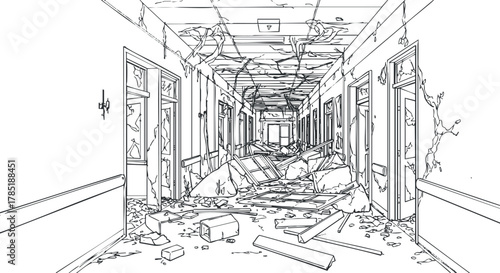 Detailed line art illustration of a dilapidated hallway filled with debris, suitable for design projects and artistic concepts